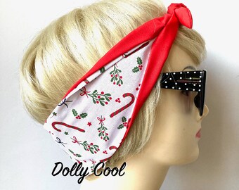 Holly and Mistletoe Hair Tie - Rockabilly Head Scarf - by Dolly Cool - Holidays - pastel - Bandana - Hair Scarf - Wrap