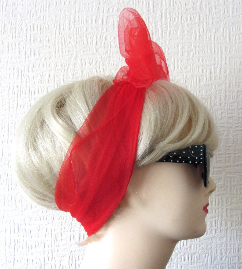 Red Chiffon Scarf Vintage Nylon very Rockabilly, Pin Up. Deadstock 50s / 60s VLV image 3