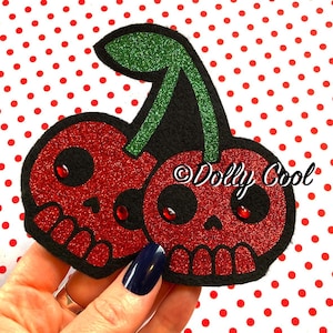 Skull Cherry Hair clip by Dolly Cool - Glitter - Facinator - Cherries - Crystals - Handmade - Oversized