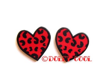 Heart Earrings in Red Leopard Print by Dolly Cool Rockabilly Rock and Roll