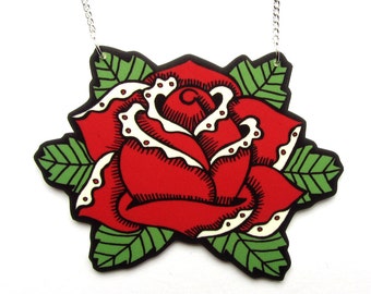 Rose Necklace Large Tattoo Inspired Red by Dolly Cool