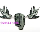 Microphone necklace with Swallows 50s and Rock n Roll Mic Sparrow Tattoo Style