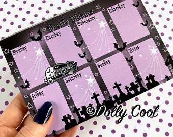 Spooky Weekly Planner Pad - A6 - Hand Illustrated - Haunted Hearse - Graveyard - Gothic - Creepy Cute - Design by Dolly Cool - Compact