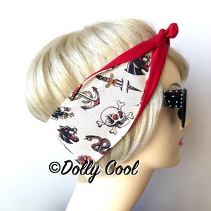 Sailor Jerry Style Tattoo Flash Print Rockabilly Hair Tie by Dolly Cool - Red OR Black Backing