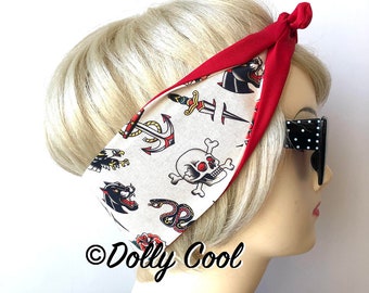 Sailor Jerry Style Tattoo Flash Print Rockabilly Hair Tie by Dolly Cool - Red OR Black Backing