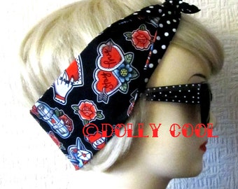 Tattoo Love Hair Tie Print Head Scarf by Dolly Cool Fully Reversible Black White Polka Dot Backing Exclusive Fabric Self Designed