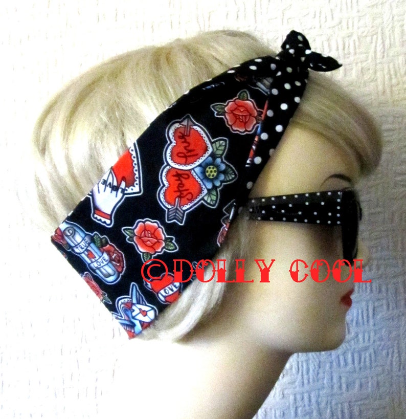 Tattoo Love Hair Tie Print Head Scarf by Dolly Cool Fully Reversible Black White Polka Dot Backing Exclusive Fabric Self Designed image 1