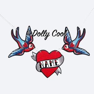 Swallow Name Necklace Tattoo inspired by Dolly Cool - Sparrow - Love Birds - Rockabilly - 50s - Personalised