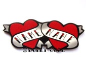 Heart brooch Tattoo Custom Personalized DOUBLE Name - Your choice of words - Hand Made by Dolly Cool Rockabilly 50s