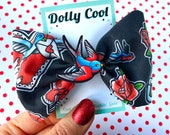 Old School Tattoo Fabric Hair bow with Swallow illustrated charm exclusively by Dolly Cool - Rockabilly - Oversized