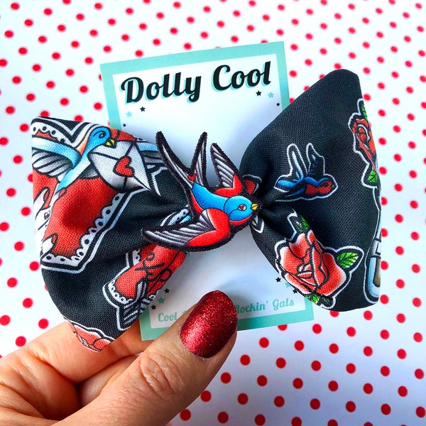 Old School Tattoo Fabric Hair bow with Swallow illustrated charm exclusively by Dolly Cool - Rockabilly - Oversized