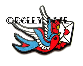 Swallow Brooch Tattoo Style with Love Letter by Dolly Cool. Old School Flash Vintage Envelope