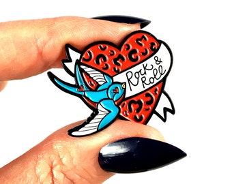 Swallow Rock & Roll Leopard Print Tattoo Heart Enamel Pin by Dolly Cool