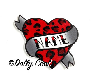 Red Leopard Heart Brooch Custom Personalized Name - Your choice of word - Hand Made by Dolly Cool Rockabilly 50s Pin Badge Tattoo