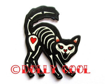 Skeleton Cat Brooch Sugar Skull Day of The Dead Style by Dolly Cool Skelecat