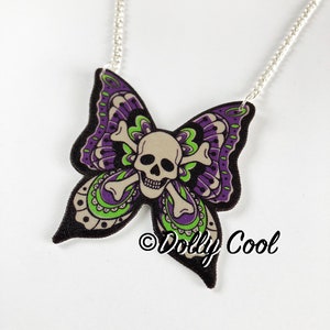 Skull Butterfly Tattoo Necklace by Dolly Cool Purple Green 40s 50s Reproduction Vintage Style Novelty Print Old School Tattoo image 3