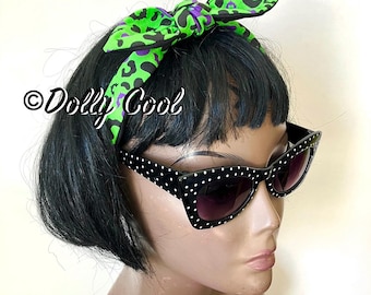 Green Leopard Print Cotton Headband with Bats and Bow: Alice Band