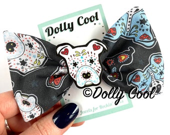 Staffie Dog Fabric Hair bow with illustrated charm exclusively by Dolly Cool - Rockabilly - Oversized - White Staffordshire Bull Terrier