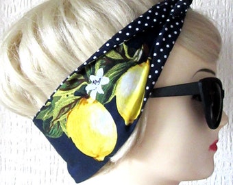 Lemon Print Navy Polka Dot Hair Tie Rockabilly Head Scarf by Dolly Cool Rockabilly Pin Up Carmen Miranda Fruit 50s