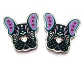 Sugar Skull Style French Bulldog Earrings in Black by Dolly Cool Dog Frenchie Day of the Dead