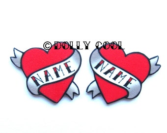 Heart Earrings Personalized name Tattoo style by Dolly Cool Traditional Old School custom Personalised