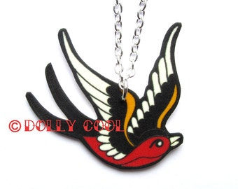 Swallow Necklace Tattoo Style by Dolly Cool in Black & Red. Old School Flash Vintage