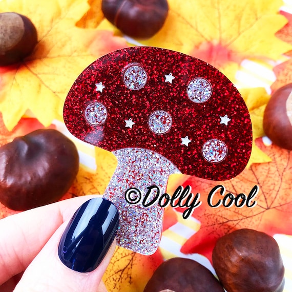 Mushroom Brooch in Red Glitter by Dolly Cool - Holographic - Fakelite - Toadstool - Fairy Ring- Magic - Woodland - Fly Agaric