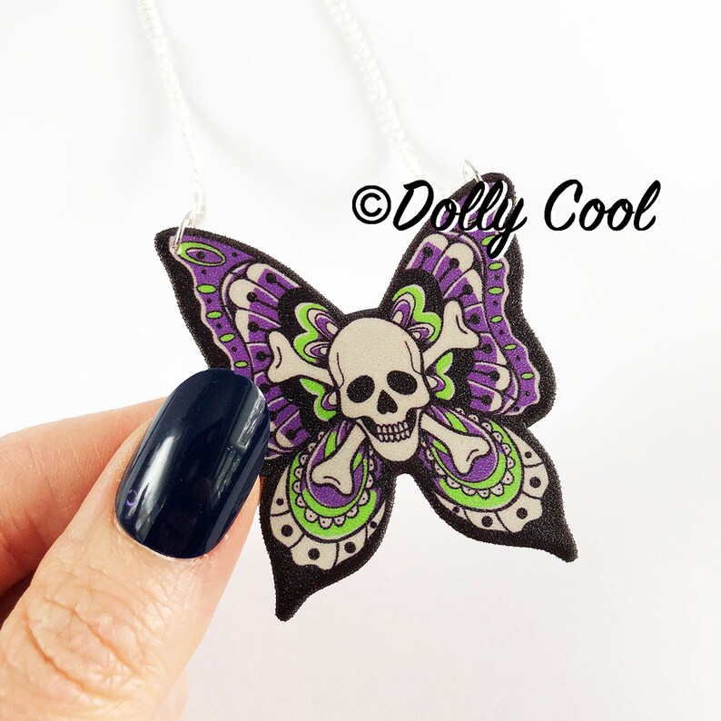 Skull Butterfly Tattoo Necklace by Dolly Cool Purple Green 40s 50s Reproduction Vintage Style Novelty Print Old School Tattoo image 2