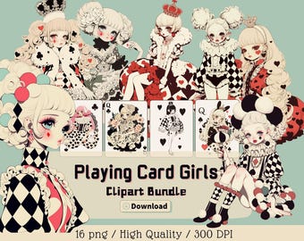 Playing Card Girls Clipart, Retro Suit Symbols (PNG, Commercial Use)
