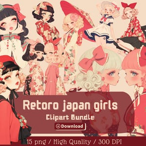 Retoro japan girls, PNG, clipart bundle, retro characters, junk journals, digital scrapbooking, sticker, collage, japan art, commercial use