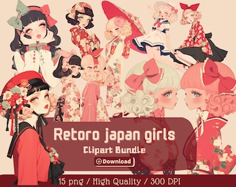 Retro Japan Girls Clipart Bundle, Kimono & Sailor Uniform PNG (Commercial Use)