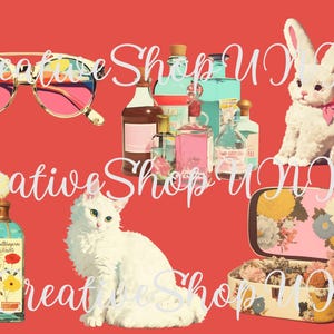 A vintage aesthetic clipart set on a red background. It features a white cat, a plush bunny with a pink bow, retro sunglasses, glass perfume bottles, a floral tin box, and a decorative bottle with a feather quill. The text includes "CreativeShopUNI" and "23 PNG." Perfect for digital art, crafts, and vintage-themed designs.