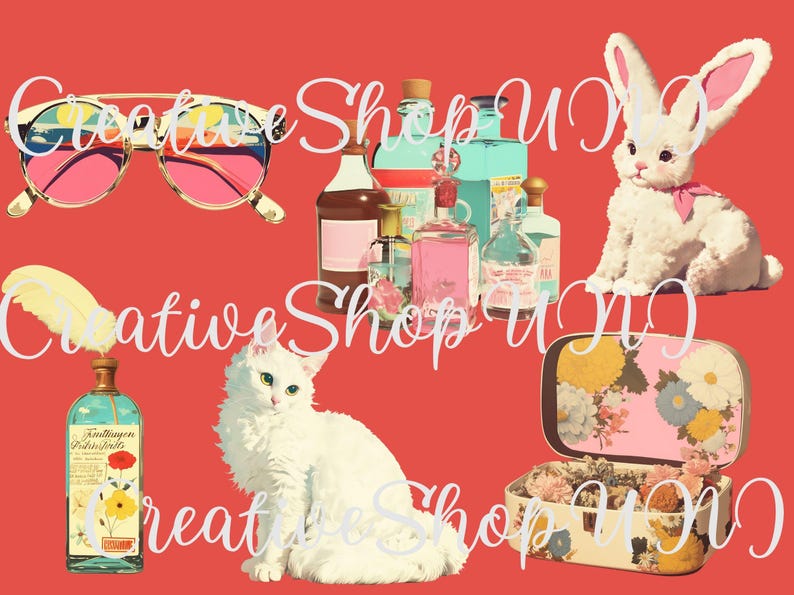 A vintage aesthetic clipart set on a red background. It features a white cat, a plush bunny with a pink bow, retro sunglasses, glass perfume bottles, a floral tin box, and a decorative bottle with a feather quill. The text includes "CreativeShopUNI" and "23 PNG." Perfect for digital art, crafts, and vintage-themed designs.