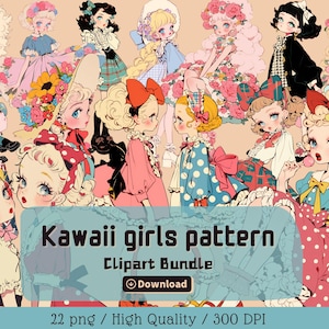 Kawaii Mädchen Muster Mode, PNG, Clipart Bundle, Retro Charaktere, Junk Journals, digitales Scrapbooking, Aufkleber, kommerzielle Nutzung