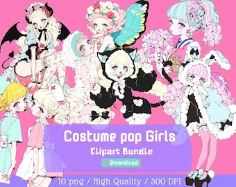 Pastel Halloween Costume Girls Clipart Bundle, Kawaii PNG (Digital Download)