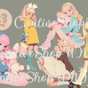 A pastel vintage girl clipart bundle featuring five illustrated girls in retro-style outfits with soft curls, bows, and plush toys. Some wear dresses with lace, others have boots or cozy coats. The design is cute and nostalgic, perfect for scrapbooking, stickers, and crafts. The text includes "23 PNG" and "CreativeShopUNI."
