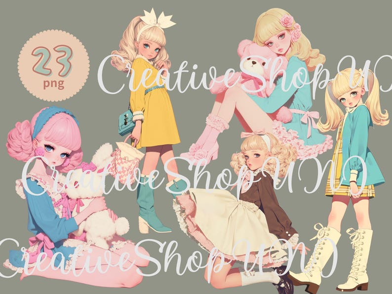 A pastel vintage girl clipart bundle featuring five illustrated girls in retro-style outfits with soft curls, bows, and plush toys. Some wear dresses with lace, others have boots or cozy coats. The design is cute and nostalgic, perfect for scrapbooking, stickers, and crafts. The text includes "23 PNG" and "CreativeShopUNI."
