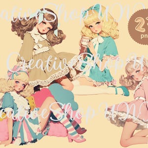 A vintage girl clipart bundle featuring four pastel-colored illustrated girls in retro outfits. One girl wears a frilly blue dress with striped socks, another sips tea in a teal outfit, while others wear lace-trimmed dresses in soft tones. The text includes "23 PNG" and "CreativeShopUNI." Perfect for digital crafts, stickers, and designs.
