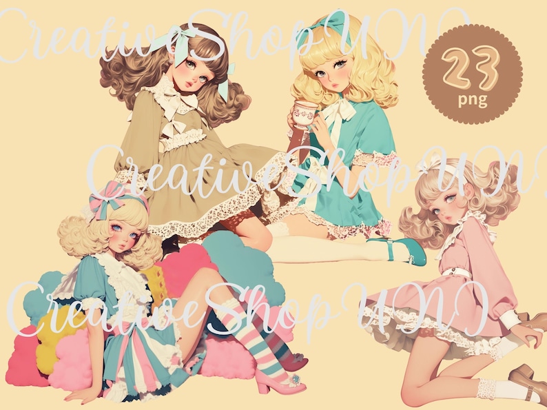 A vintage girl clipart bundle featuring four pastel-colored illustrated girls in retro outfits. One girl wears a frilly blue dress with striped socks, another sips tea in a teal outfit, while others wear lace-trimmed dresses in soft tones. The text includes "23 PNG" and "CreativeShopUNI." Perfect for digital crafts, stickers, and designs.