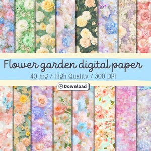 Papel digital para jardim de flores, padrões digitais florais, diários de lixo, scrapbooking digital, folhas de colagem, JPG, uso comercial