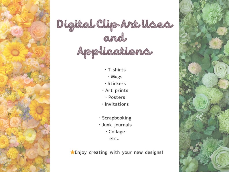 Digital Clip Art Uses and Applications
・T-shirts
・Mugs
・Stickers
・Art prints
・Posters
・Invitations

・Scrapbooking
・Junk journals
・Collage
etc..

　⭐️Enjoy creating with your new designs!