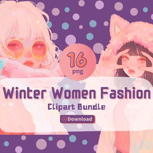 冬の女性のファッションのクリップアート、かわいい女の子、気まぐれ、美的、イラスト、デジタル、ステッカー、印刷可能、PNG、商用利用