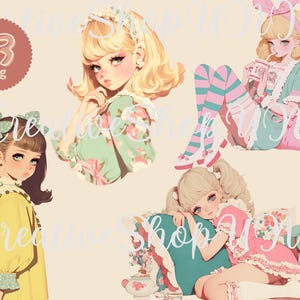 A pastel vintage girl clipart bundle featuring four illustrated girls in retro outfits. One wears a teal dress with striped stockings, another is in a pink ruffled dress with a teddy bear, while others wear floral and yellow dresses with bows. The text includes "23 PNG" and "CreativeShopUNI." Ideal for digital art, stickers, and crafts.