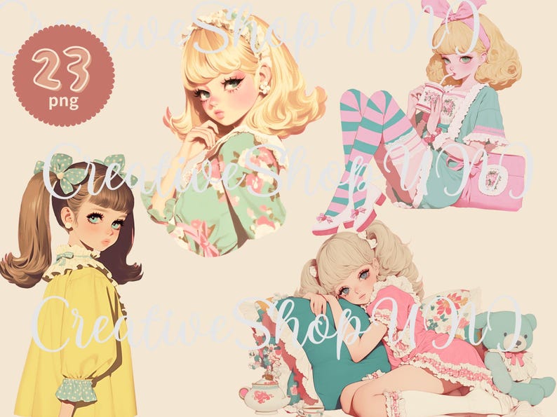 A pastel vintage girl clipart bundle featuring four illustrated girls in retro outfits. One wears a teal dress with striped stockings, another is in a pink ruffled dress with a teddy bear, while others wear floral and yellow dresses with bows. The text includes "23 PNG" and "CreativeShopUNI." Ideal for digital art, stickers, and crafts.