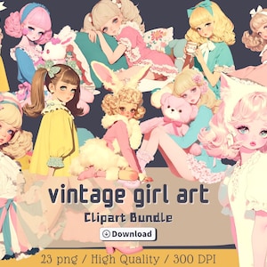 A pastel vintage girl clipart bundle featuring multiple illustrated girls with retro-inspired outfits, soft curls, and cute accessories. Some girls wear bunny ears, hold plush toys, or have dreamy expressions. The design has a kawaii and aesthetic feel, perfect for scrapbooking, stickers, T-shirts, and DIY crafts. The text highlights "vintage girl art," "23 PNG," and "high quality 300 DPI."