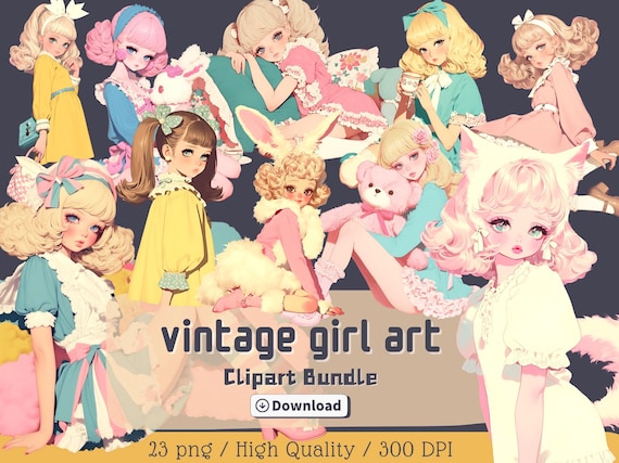 Vintage Girl Clipart Bundle, Retro Aesthetic PNG, Junk Journals (Commercial Use)