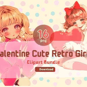 ハッピーバレンタインデーかわいいレトロな女の子、ギフト、アート、プリント、ビンテージ、イラスト、デジタル、ステッカー、印刷可能、PNG、商用利用