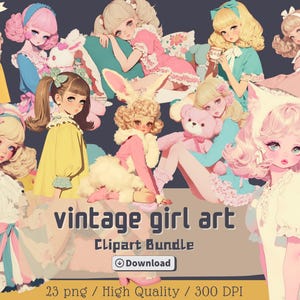 Vintage Girl Aesthetic PNG, clipart bundle, retro characters, junk journals, digital scrapbooking, illustrations, sticker, commercial use
