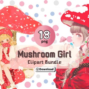 かわいい赤いキノコの女の子のクリップアートバンドル、かわいいイラスト、ファッション、デジタル、ステッカー、印刷可能、PNG、商用利用