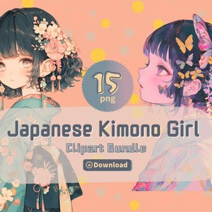 japanese kimono girl clipart, butterfly, anime girl, cute, illustrations, digital, sticker, printable, PNG, commercial use